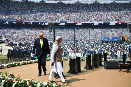 US President Donald Trump and India's Prime Minister Narendra Modi at a cricket stadium in