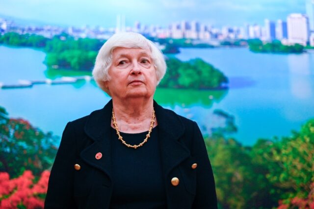 US Treasury Secretary Janet Yellen attends a gaggle with media after meeting with Chinese