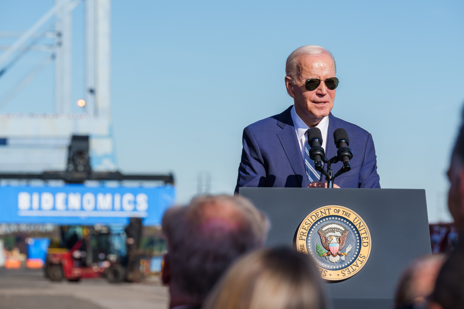 President Joe Biden delivers remarks announcing seven regional clean hydrogen hubs selected to receive funding from the Bipartisan Infrastructure Law to accelerate a clean energy economy and new jobs, Friday, October 13, 2023, at Tioga Marine Terminal in Philadelphia. (Official White House Photo by Adam Schultz)