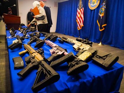 Ghost guns are displayed for a press conference where New York Attorney General Letitia Ja