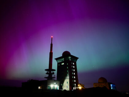 Northern lights appear in the night sky above the Brocken early Saturday, May 11, 2024, in