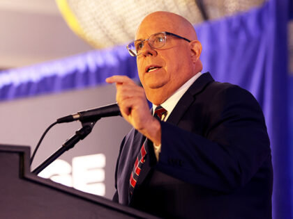 Former Maryland Gov. Larry Hogan speaks during a primary night election party Tuesday, May