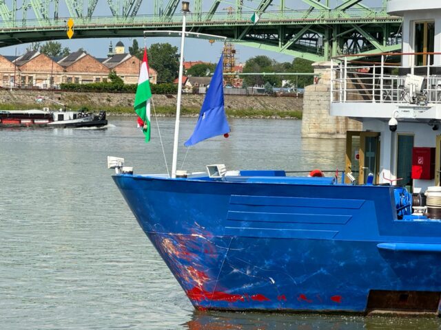 Damage is seen on the front of the cruise ship which was involved in a Danube River accide