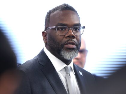 Mayor Brandon Johnson speaks to reporters following a roundtable discussion in Chicago, Th