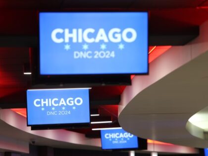 Branding for the Democratic National Convention is displayed at the United Center on April