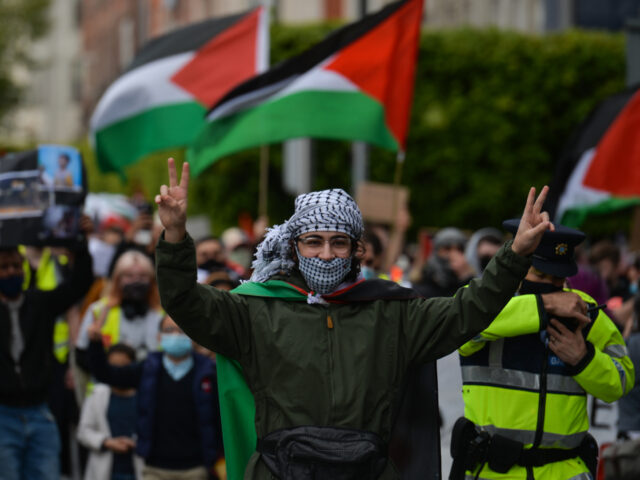 Pro-Palestinian protesters seen on O'Connell Street in Dublin city center during 'Rally fo