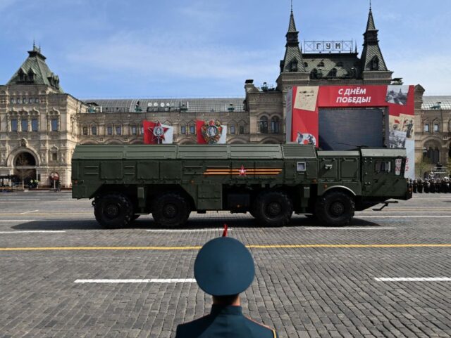 A Russian Iskander-M missile launcher parades through Red Square during the general rehear