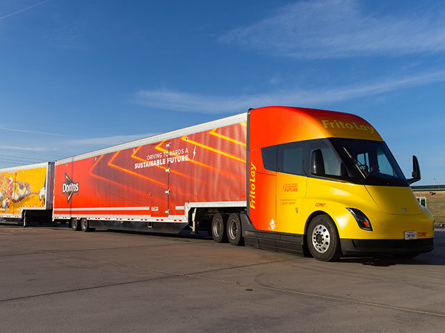 A Tesla Semi electric truck parked outside the Frito-Lay manufacturing facility in Modesto