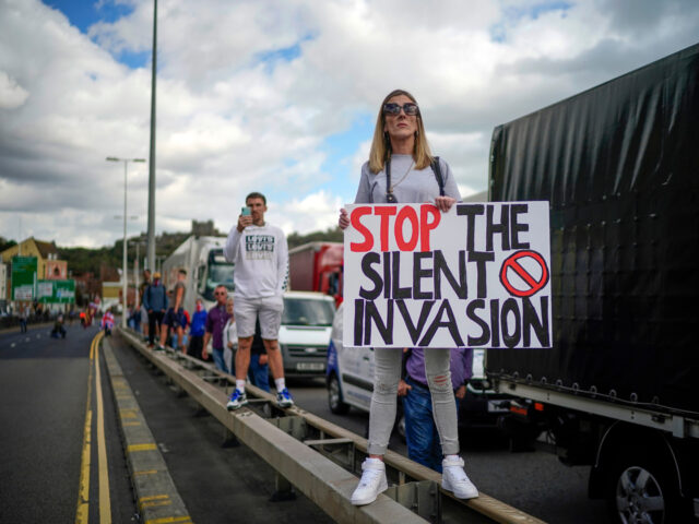 DOVER, ENGLAND - SEPTEMBER 05: Anti-migrant protesters demonstrate against immigration and