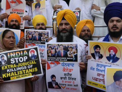 Activists of the Dal Khalsa Sikh organisation, a pro-Khalistan group, stage a demonstratio