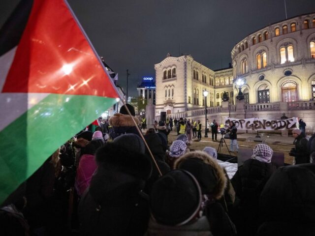 OSLO, NORWAY - 2023/11/17: Activists with Palestinian flags and banners are seen gathered