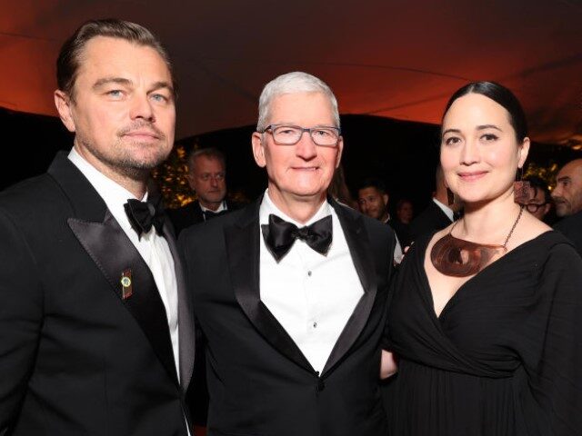 Leonardo DiCaprio, Tim Cook, CEO of Apple, Lily Gladstone and Eddy Cue, Apple's Senior Vic