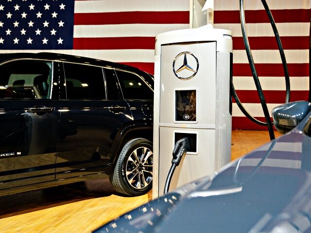 A Mercedes-Benz electric vehicle (EV) charger during an event at the DC Armory in Washingt