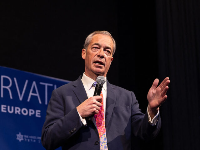 British eurosceptic populist Nigel Farage speaks during the "NatCon" national conservatism