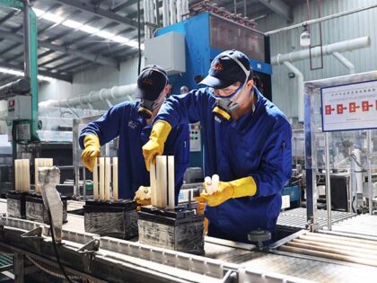 Employees work on the production line of energy storage batteries at Anhui Leoch Power Sup