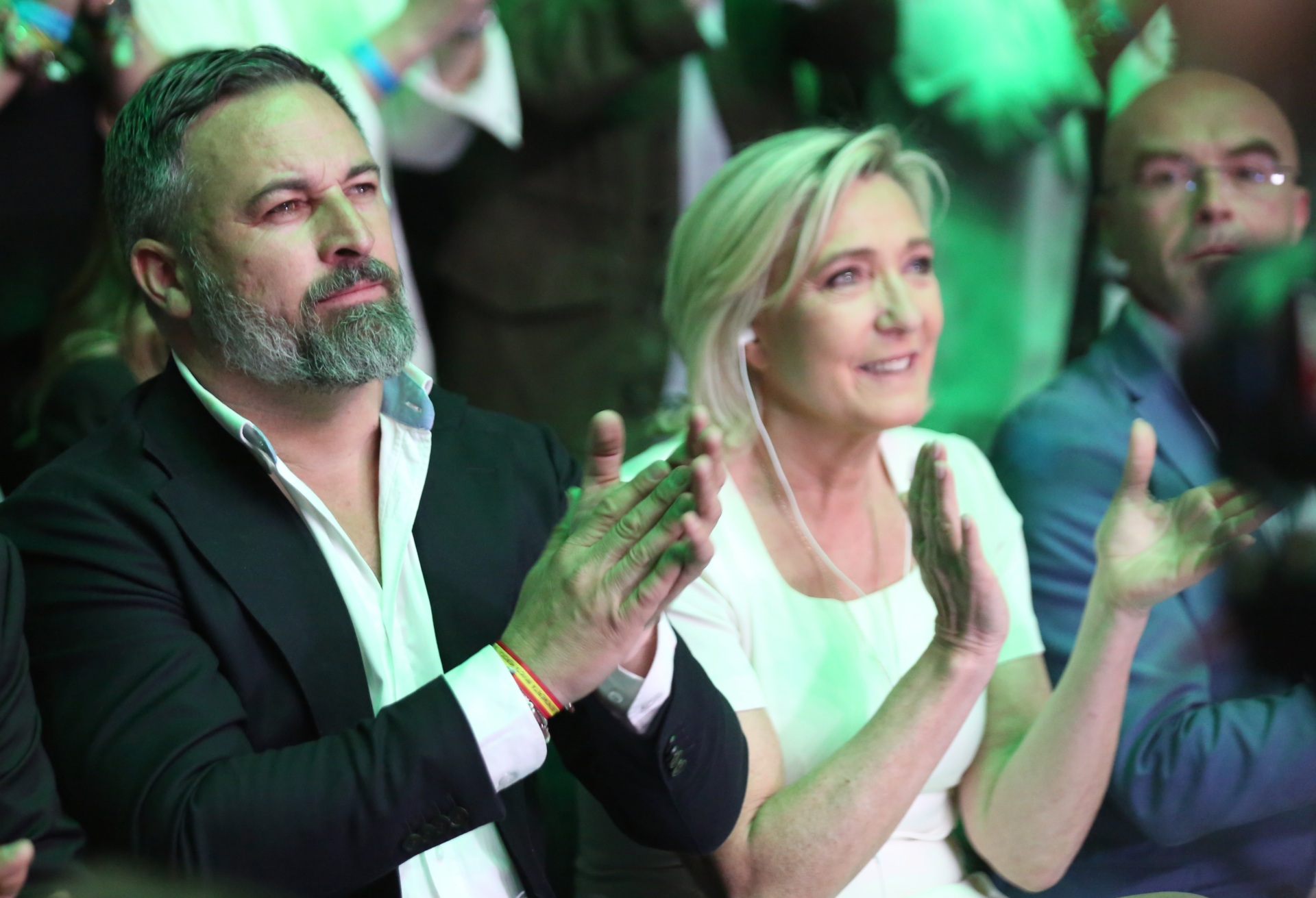 19 May 2024, Spain, Madrid: The leader of the Spanish party Vox, José Abascal, and the French politician Marine Le Pen take part in a meeting of conservative parties from all over the world. Photo: Cesar Luis de Luca/dpa (Photo by Cesar Luis de Luca/picture alliance via Getty Images)