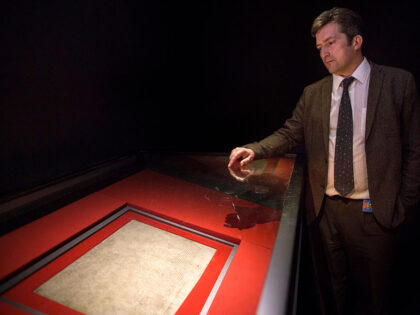 LONDON, ENGLAND - MARCH 11: One of the remaining Magna Carta manuscripts from 1215 is dis