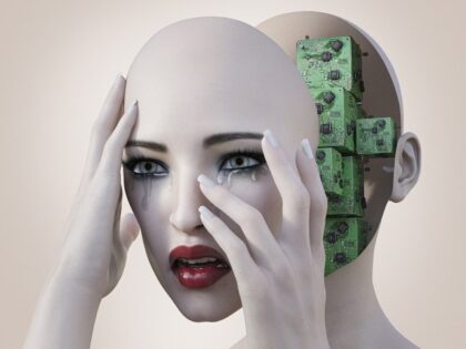 Robot woman holding removable face mask revealing circuits