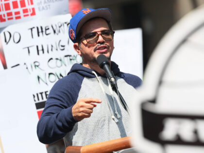 NEW YORK, NEW YORK - MAY 23: Actor John Leguizamo speaks as Writers Guild of America (WGA)