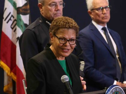 LOS ANGELES, CA - DECEMBER 1, 2023 - Los Angeles Mayor Karen Bass, from left, with LAPD Ch