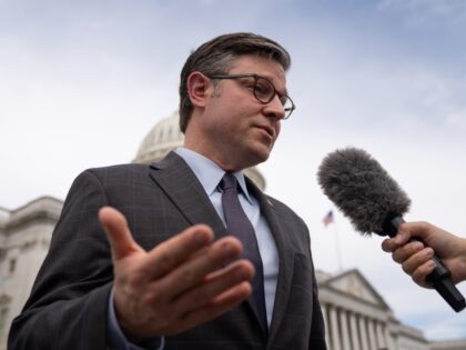 US House Speaker Mike Johnson, a Republican from Louisiana, speaks to members of the media