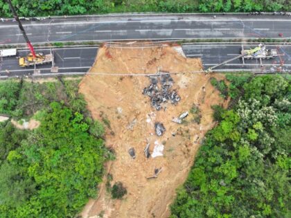 Aerial view of a road cave-in on a section of the Meizhou-Dabu Expressway on May 1, 2024 i
