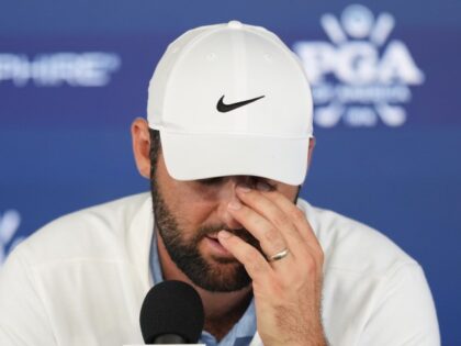 Scottie Scheffler speaks during a news conference at after the second round of the PGA Cha