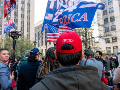 NEW YORK, NEW YORK - APRIL 15: Supporters of Donald Trump gather outside of Manhattan Crim