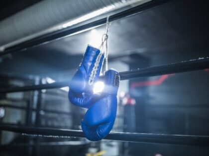Cape Town, South Africa, blue boxing gloves hanging in boxing ring