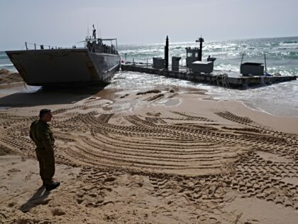 A U.S. Army landing craft is seen beached in Ashdod on Sunday, May 26, 2024, after being s