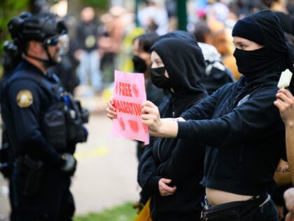 PORTLAND, OREGON - MAY 2: Pro-Palestine protesters face-off with police at the Portland St