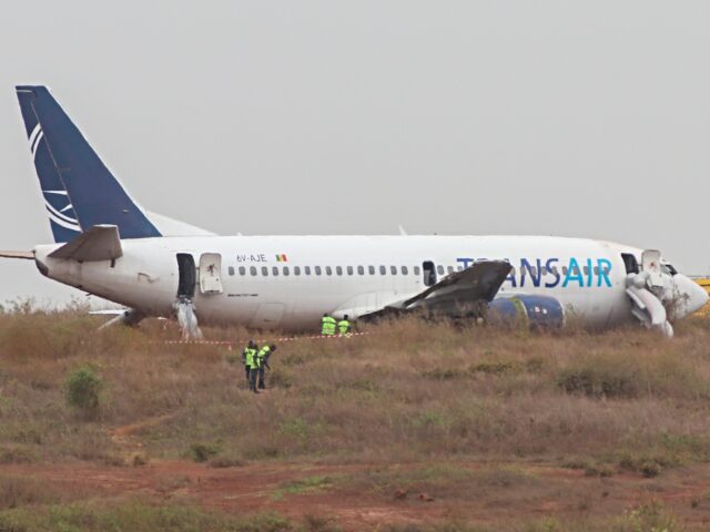 DAKAR, SENEGAL - MAY 09: Boeing 737 of Transair en route to Bamako skids off runway at Dak