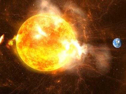 Giant Solar Flares. Sun producing super-storms and massive radiation bursts - stock photo