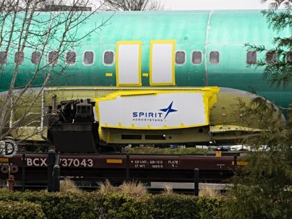 Spirit AeroSystems Holdings Inc. signage on a Boeing 737 fuselage outside the Boeing Co. m