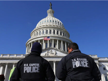WASHINGTON, DC - FEBRUARY 28: U.S. Capitol police officers gather on the east front plaza