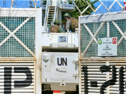 A UNIFIL (United Nations Interim Force in Lebanon) armoured vehicle enteres a UN base in t