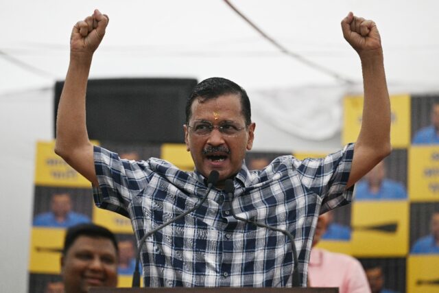 Aam Aadmi Party leader and chief minister of Delhi Arvind Kejriwal speaks during a press c