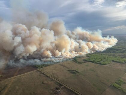 This aerial handout picture courtesy of the Alberta Wildfire Service, taken May 10, 2024,