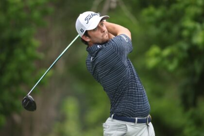 American Davis Riley hits a tee shot on the way to the 36-hole lead in the US PGA Tour Cha
