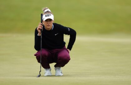 American Nelly Korda lines up a putt on the way to the 54-hole lead in the LPGA Mizuho Ame