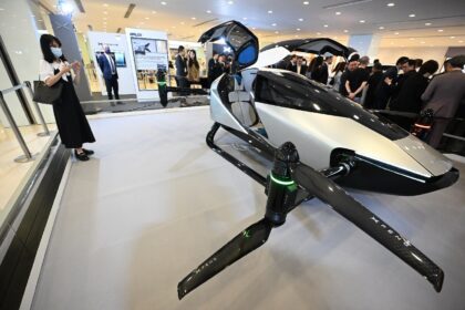 An Xpeng AeroHT X2 Flying Car on display in Hong Kong at the launch of Xpeng vehicles into