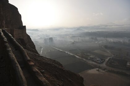 Bamiyan city is seen from atop nearby hills in March 2021