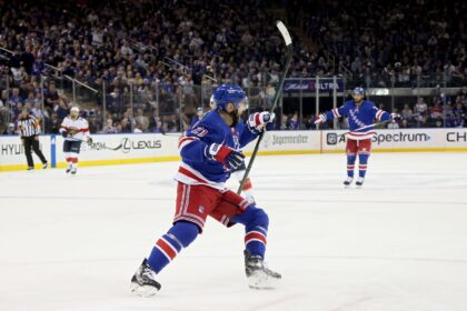 Barclay Goodrow reacts after his overtime game-winner in the New York Rangers' victory ove