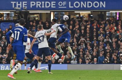 Chelsea's Trevoh Chalobah (R) scores against Tottenham