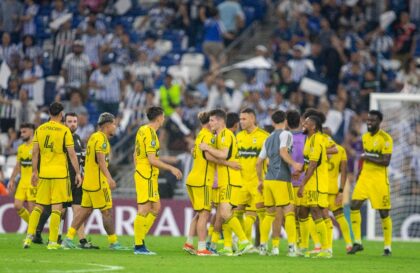 Columbus Crew's players celebrate after defeating Monterrey in the CONCACAF Champions Cup