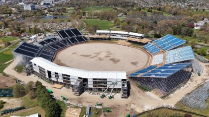 Construction continued on the Nassau County International Cricket Stadium on April 22, 202
