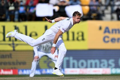 England's James Anderson delivers a ball during the fifth Test match between India and Eng