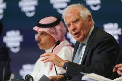 EU foreign policy chief Josep Borrell speaks next to Saudi Foreign Minister Prince Faisal