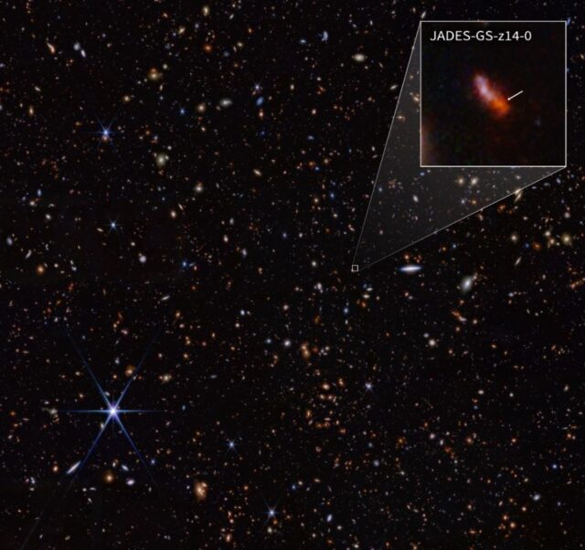The galaxy JADES-GS-z14-0, as seen by the James Webb Space Telescope, existed 290 million