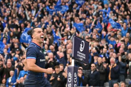 Hat-trick: Leinster wing James Lowe celebrates after scoring his third try in a European C